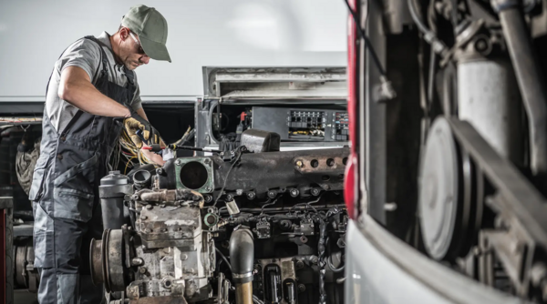 Ein Industrie-Mechaniker führt Wartungs- und Reparaturarbeiten an einem großen Dieselmotor in einer Werkstatt für Nutzfahrzeuge durch. Der Techniker trägt Arbeitskleidung und Schutzhandschuhe und arbeitet an Motorbauteilen, Kabeln und Aggregaten eines LKW- oder Industriemotors. Das Bild zeigt eine professionelle Instandhaltung, Motorservice und technische Wartung im industriellen Umfeld.